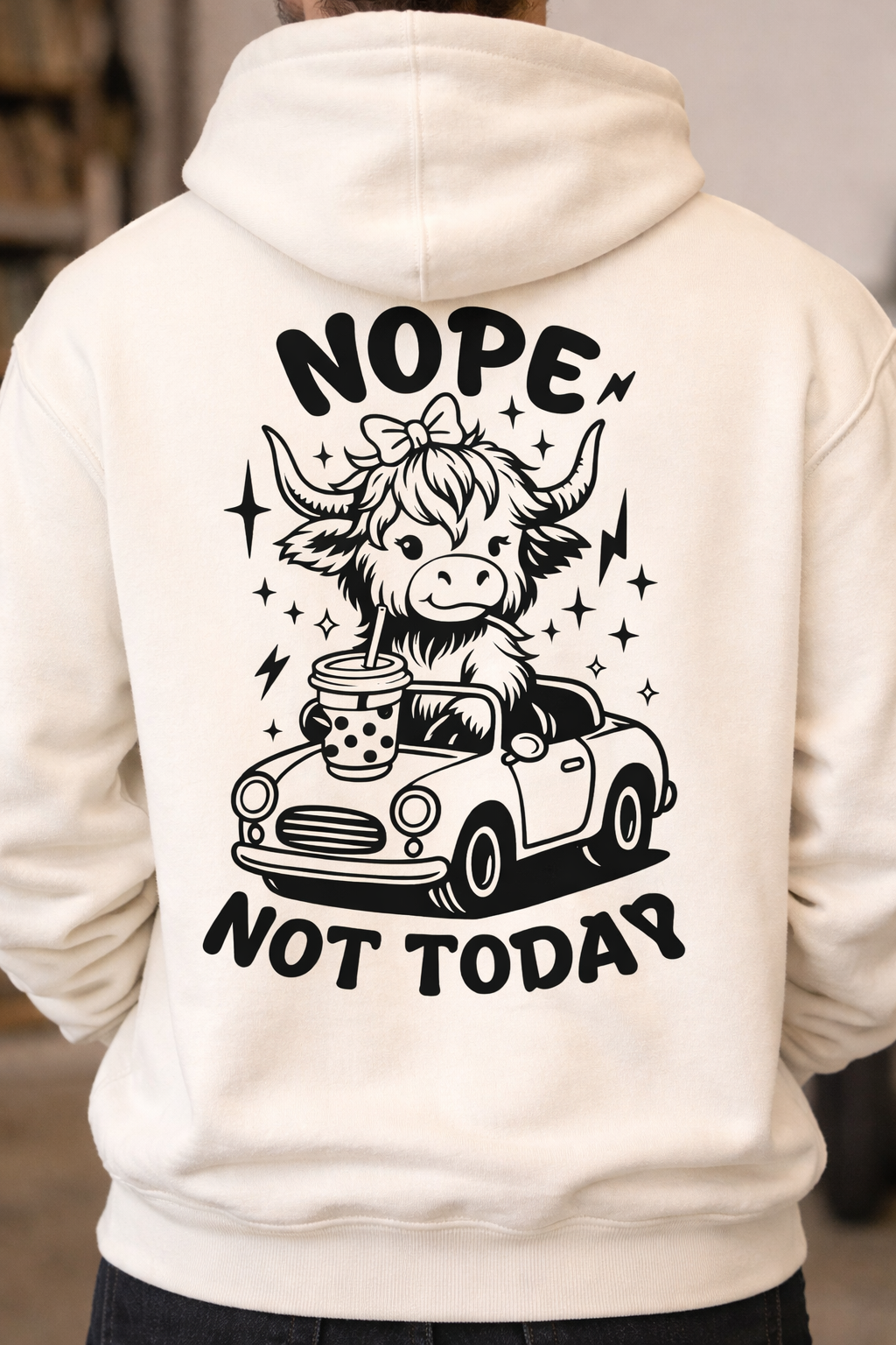 Nope Not Today Highland Cow Hoodie – Funny Bubble Tea Cow Graphic Back Print