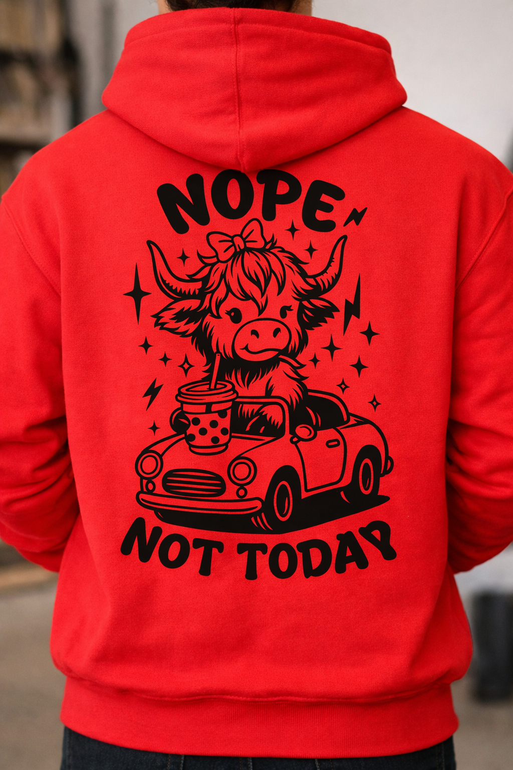Nope Not Today Highland Cow Hoodie – Funny Bubble Tea Cow Graphic Back Print