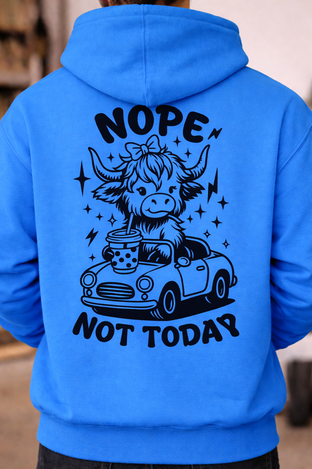 Nope Not Today Highland Cow Hoodie – Funny Bubble Tea Cow Graphic Back Print